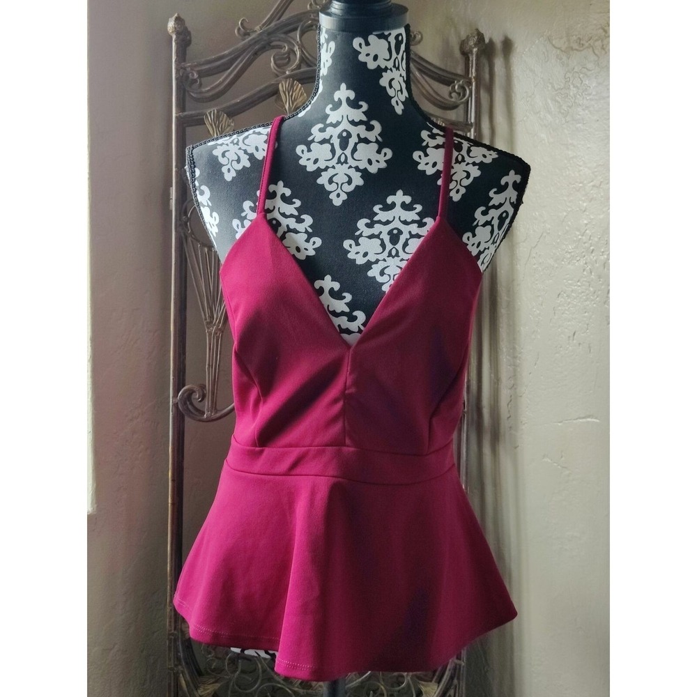 Papaya Women's L Burgundy Lace Back Peplum V-Neck Party Top CH1387PA